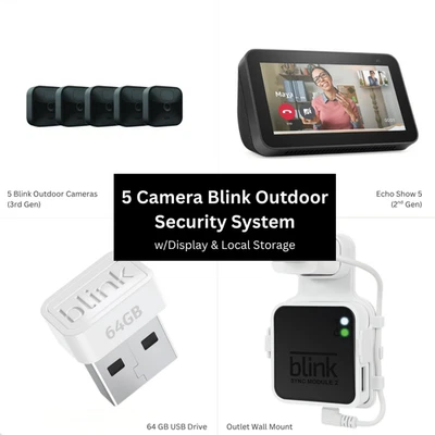 Blink Seguridad Exterior - Kit de 5 Cámaras con Eco Show 5 + Almacenamiento Local y Montaje en Pared Foto 1 de 4