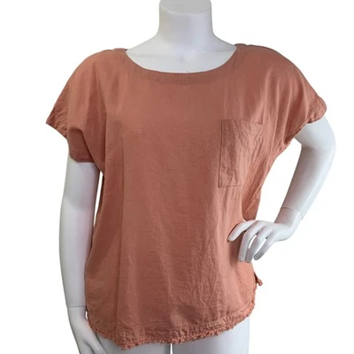 Liz Claiborne Linen Top Size XL Pocket Fringe Peach Cotton Blend Short Sleeve - Image 1 of 4