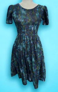 Lularoe Amelia Dress Peacock Feather Pleated Short Sleeve Back XXS Womens - Picture 1 of 11