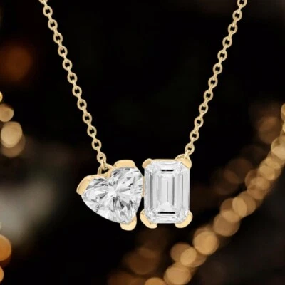 14K Gelbgold Anhänger Halskette Toi Et Moi 2 Karat IGI Lab Grown Diamant 18 Zoll - Bild 1 von 4