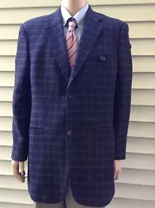 Haupt Navy Blue Plaid Two Button Fully Lined Single Vent Blazer Sportcoat 42L - Picture 1 of 12