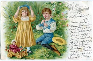 Cartolina ALLEGRA PENTECOSTE ragazza/ragazzo, flauto, carrozzina delle bambole 1900 circa - Foto 1 di 1