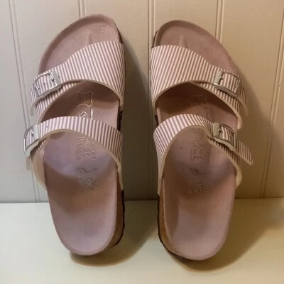 Birkenstock Birkis Mujer 5 Aziza Blanco Púrpura Rayas Ajustables Sandalias Deslizables  Foto 1 de 4