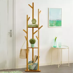 Piso de madera ropa sombrero abrigo estante salón árbol soporte colgador 3 capas estante 9 ganchos - Imagen 1 de 12