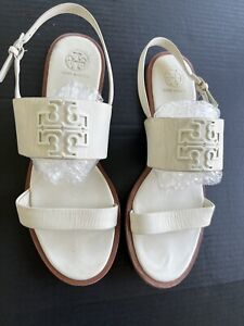 Tory Burch White Leather Embossed Logo Ankle Strap Sandals 9.5 Good Condition