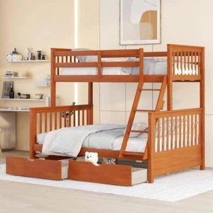 Qualler Bunk Bed Twin Over Full w/ Ladders + 2 Drawers, Guardrail Wood Walnut - Picture 1 of 11