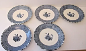 Lot of 5 Currier & Ives Blue White  Bread Plates Steam Boat 6" diameter - Picture 1 of 10