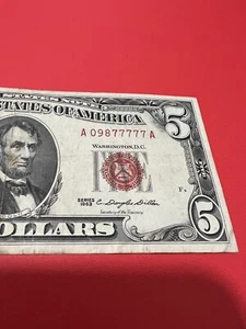 Fancy Serial Number $5 1963 Red Seal A 098 77777 A 5 In A Row - Picture 1 of 10