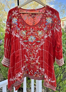 Camicia tunica JOHNNY WAS Siena in Cayenne XL ricamata boho romantica floreale - Foto 1 di 7
