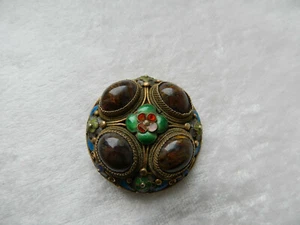 Ancienne broche en argent massif or émail cabochon Chinese silver brooch enamel - Picture 1 of 6