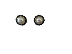 VINTAGE “New Stock" Mabe Pearl And Enamel 24kt Gold Electroplated Earnings - Picture 1 of 1