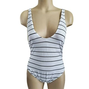 Dkny Womens Body Suit Swimsuit Top White Black Striped Sleeveless V Neck M New - Picture 1 of 4