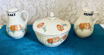 Hall China Orange Poppy Three Piece Range Set-Salt, Pepper, Grease Jar with Lid - Image 1 of 3