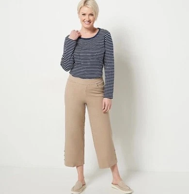 Nuevo Isaac Mizrahi Live Crop Caqui Capri Talla US 4 Pierna Ancha Botón Dobladillo Detalles Foto 1 de 4