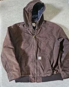 Vtg Carhartt Hooded Brown Sandstone Duck Canvas Jacket Men XL Reg Quilt Lined - Picture 1 of 7