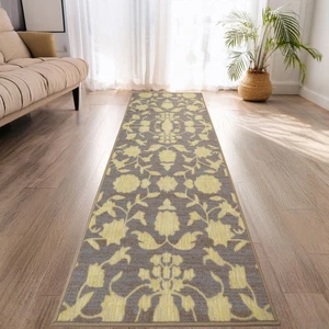 Sondergröße Anti-Rutsch Niedriges Profil Floral Grau und Creme Läufer Teppich - Bild 1 von 4