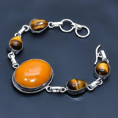 Yellow Mookaite, Tiger Eye Gemstone Jewelry Bracelet 7-8" Z928 - Image 1 of 3
