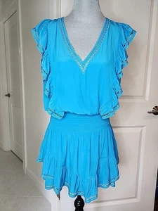 RAMY BROOK Zinnia Dress Women's Sz M Ruffled Blouson Isla Blue Eyelet Mini New - Picture 1 of 11