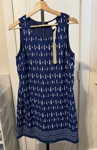 Kenar Blue Pink White Sleeveless Lined Zip Geo Pattern Dress Size 8 Medium NWT - Picture 1 of 5