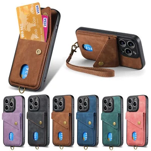 Fr iPhone 14 13 12 11 Pro Max XR 8 7 Plus PU Leather Card Wallet Case with Strap - Picture 1 of 13