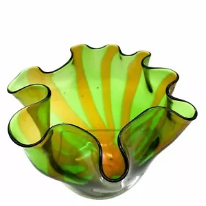Gorgeous Designs Art Glass Handkerchief Ruffle Bowl Orange Green Striped Retro - Picture 1 of 9