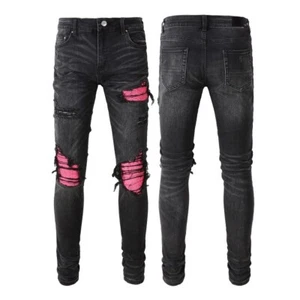Men's Ripped Knee Hole with Pink Pleated Patch Slim Fit Distressed Stretch Jeans - Picture 1 of 13