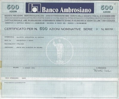 FINANZE VATICANE  CRACK DEL  BANCO AMBROSIANO * AZIONE FIRMATA  ROBERTO CALVI 9 - Immagine 1 di 4