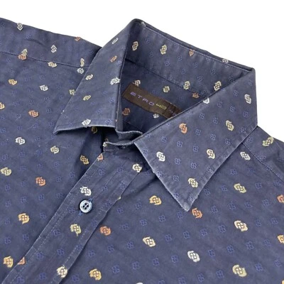 Camisa de vestir ETRO para hombre 100 % algodón azul marino geométrica • Italia • Talla 42 Foto 1 de 4