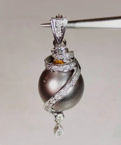 Gift South Sea Pearl Pendant Decorated Premium Cut Belgian Diamonds Large 13.5mm - Picture 1 of 16