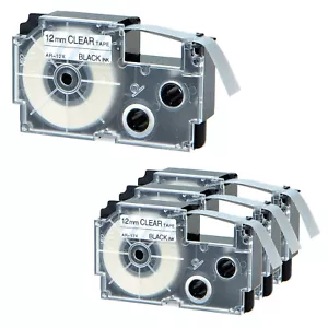4PK 12mm Black on Clear Label Fits Casio KL-430 KL1500 XR-12X XR12X Tape 1/2" 8M - Picture 1 of 12