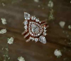 2 Ct Pear Lab Created Morganite Engagement Ring Trio Set 14k Rose Gold Plated - Picture 1 of 7