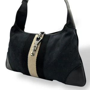 GUCCI Bolso de Hombro Jackie Sherry GG Lona Negro Cuero Auténtico Negro Italia - Imagen 1 de 9