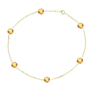 14K Yellow Gold Anklet Bracelet With Citrine Gemstones 10.5 Inches - Picture 1 of 2