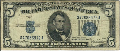 1934D 5$ Silver Certificate - Blue Seal - GNC/JWSy S47686972A - #13580 - Image 1 of 2