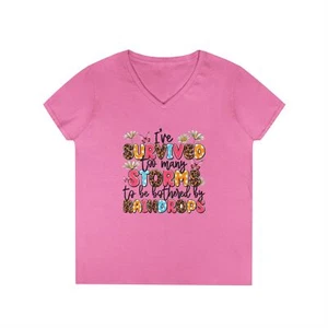 Survived the Storm Ladies' V-Neck T-Shirt - Inspirational Pink Tee - Picture 1 of 4