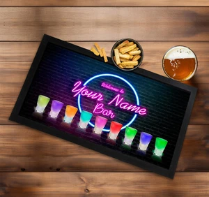 Personalised bar runner mat - Shots Neon retro ,any name 80's style - Picture 1 of 7