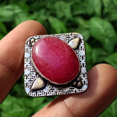 好看粉色红宝石宝石戒指 925 镀银手工珠宝 美国 尺寸 9 — 第 1/4 张图片