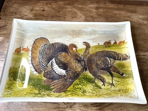Vintage RARE Signed Harrison Weir Rectangular Glass Plate Tray “TURKEYS” Gobbler - Picture 1 of 7
