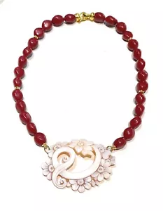 Collana pasta di corallo 4 Fiorì centrale cameo inciso a mano argento sterling - Foto 1 di 4