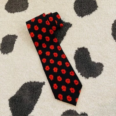 Vintage Guy Laroche Silk Black Red Orange Blue Floral Print Retro Designer Tie - Image 1 of 4