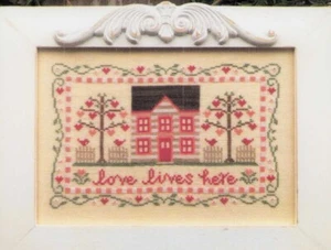 Cross Stitch Embroidery Heirloom PRIMITIVE Sampler Hearts Trees Redbirds Pink - Picture 1 of 3