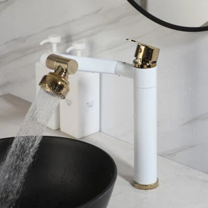 360° schwenkbare Waschtischarmatur weiß ausziehbare Brause Einlocharmatur Messing Wasserhahn - Bild 1 von 72