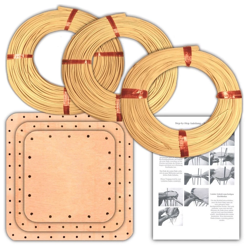 CSB-CENTER Korbflechtset Flechtset Set [Nr.5 C] 3x Korbflechtboden quadratisch & Peddigrohr