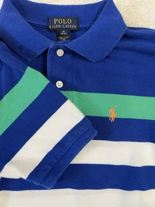Polo Ralph Lauren Shirt Boys Youth Medium 10/12 Blue Green White Striped Pony - Picture 1 of 5