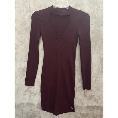 Mini Vestido Acanalado Bodycon Guess Los Angeles Corte Manga Larga Borgoña M Foto 1 de 4