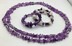 40" Genuine Amethyst Chip Necklace with Hematite & Two Amethyst Spring Bracelets - Picture 1 of 5