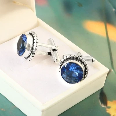925 Sterling Silver Blue Tanzanite Gemstone jewelry Handmade Cufflinks - Image 1 of 3