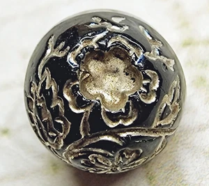 Antique Black Glass Charmstring Ball Button ~ Incised Silver Luster Floral 7/16" - Picture 1 of 6