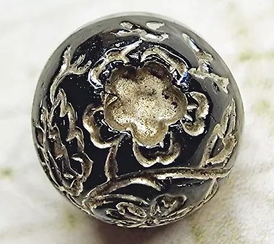 Antique Black Glass Charmstring Ball Button ~ Incised Silver Luster Floral 7/16" - Image 1 of 4