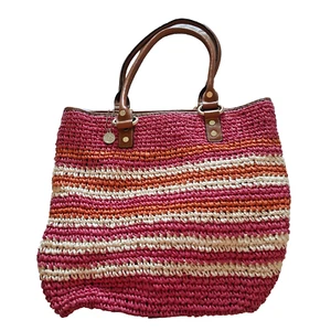 Large Tote Purse Handbag Woven Pink Striped Beach 4 Inside Pocket Donna Karan NY - Picture 1 of 11